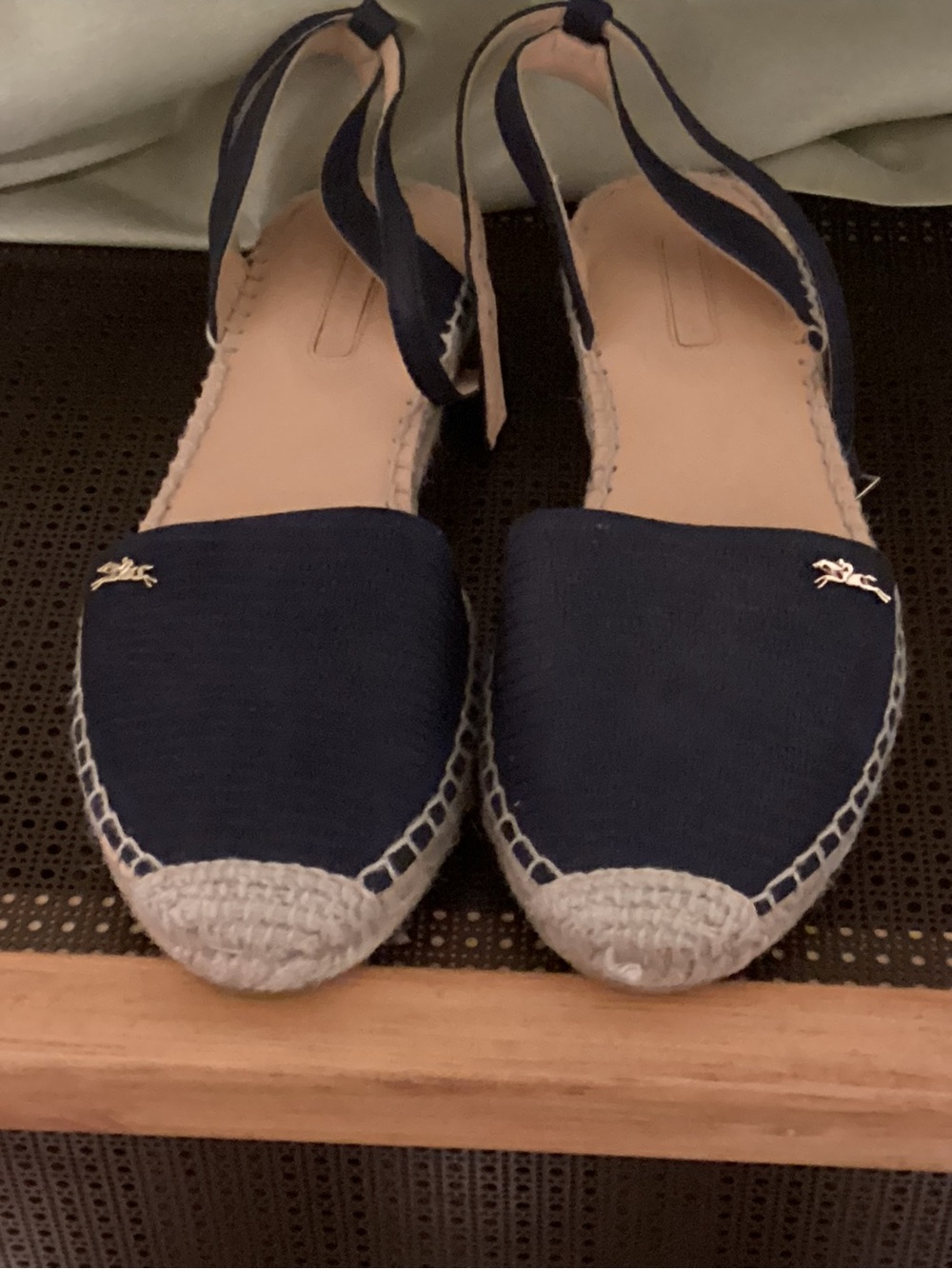 Longchamp Navy Canvas Espadrille Slingback Flats